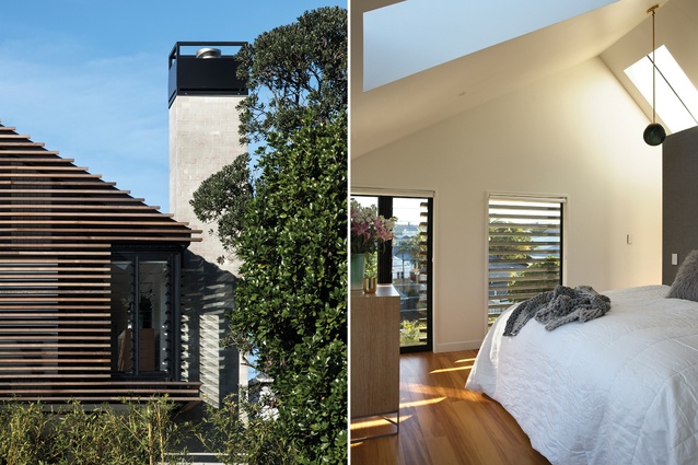 Inspiration for the cedar rainscreen on the rear façade came from a põhutukawa in the garden; the upstairs master suite has raked ceilings and a view to Cox’s Bay. 