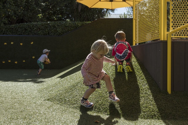 Ponsy Kids outdoor space, 2016. Used to negotiate a tricky level change, the rolling slope was an instant hit with the kids at this pre-school.