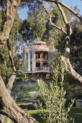 The front of the tree house has two-storey-high glass sliding doors that open a double volume space inside, which takes in the living area below and the bedroom above. 