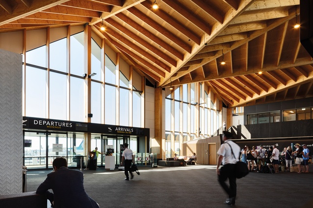 The roof of Nelson Airport’s terminal (2018) uses LVL beams and rafters combined with plywood to form an integrated structural system.