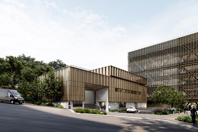 Ballantrae Place building uses Coromandel tonalite resembling that used for Parliament House and The Beehive, while pleated metal cladding comprises its upper façade.