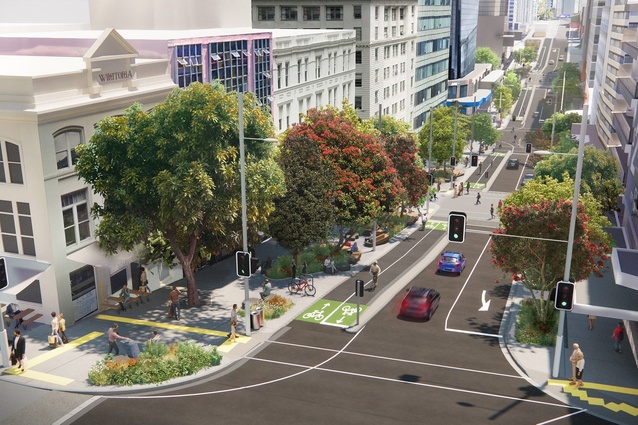 A Council render showing the view from Kitchener Street down Victoria Street East, across Queen Street and up Victoria Street West.