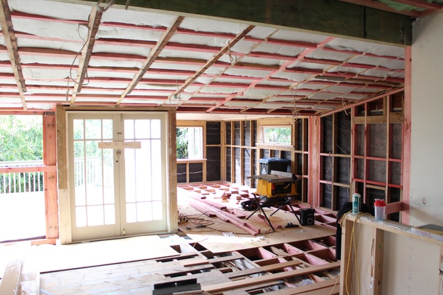 With the removal of the interior walls the new layout for the open-plan living area becomes apparent. This view is looking into what was the former main bedroom, which will become the dining room.