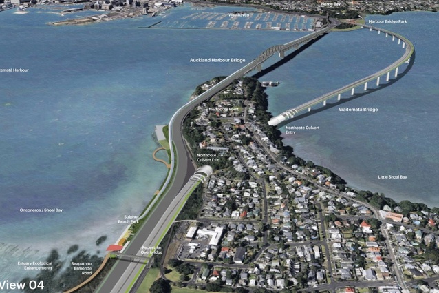 The proposed new Auckland Harbour Bridge would pass through a short culvert at the base of the Northcote peninsula to merge with the existing motorway.