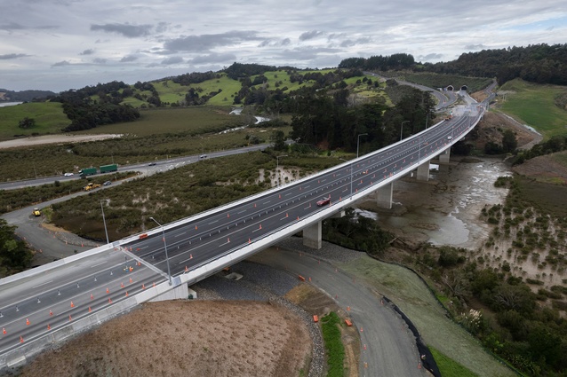 Causeway and twin tunnels under construction, SH1 Ōrewa to Pūhoi Northern Gateway Motorway.
