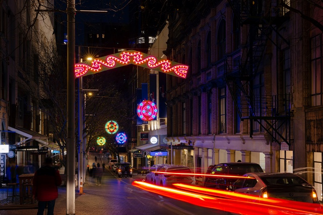 Elliot Street is lit up for Matariki, with artwork brought to Aucklanders by Ngāti Whātua Ōrākei and Auckland Council.