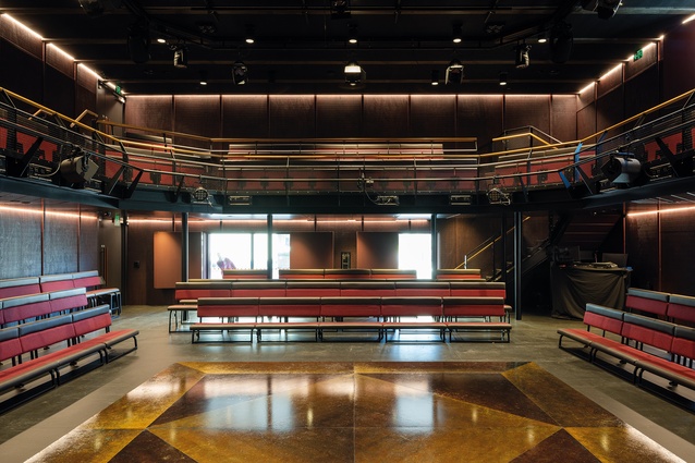 Innovations in the Wakefield Family Front Room include shuttered windows openable to the street and seats of varying heights designed to free the space of raised bleachers.