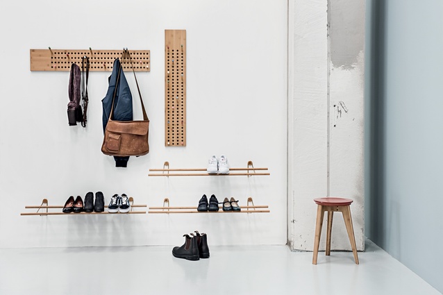Design Junction: Sebastian Jørgensen’s minimalist ‘Scoreboard’ features coat hangers, loop shelves and shoe racks, constructed by We Do Wood from sustainable moso bamboo. 