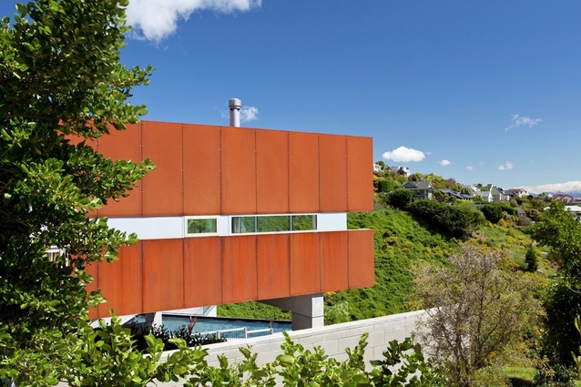 Redcliffs House, Christchurch. The red rust has been allowed to bleed into the raw finish concrete block base, which gives the building a rugged look.