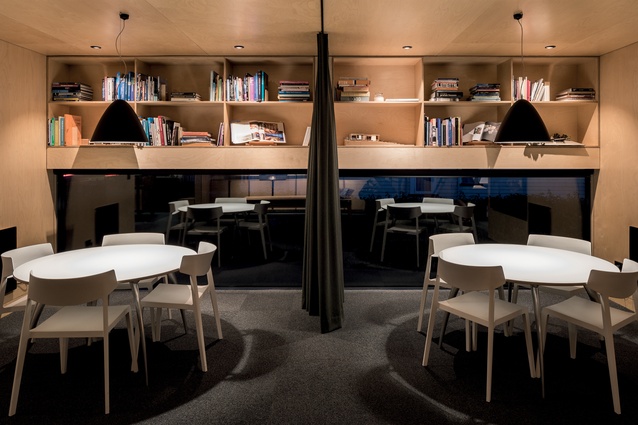 The café area uses thick Warwick Fabrics woollen curtains (in Augustus Willow) for partitions. 
