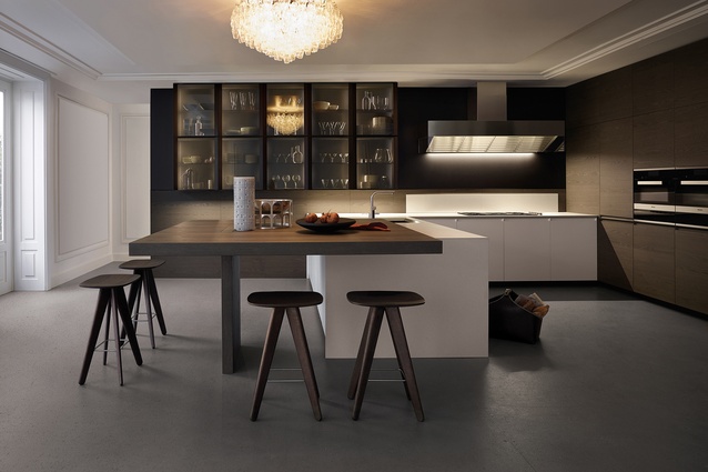 In New Zealand, Studio Italia highlights the Poliform Trail kitchen, featuring cenere oak and embossed lacquer finishes.