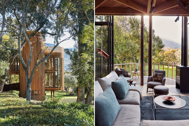 Located in a clearing on a wooded site, this cabin among the treetops takes the form of an enclosed forest.