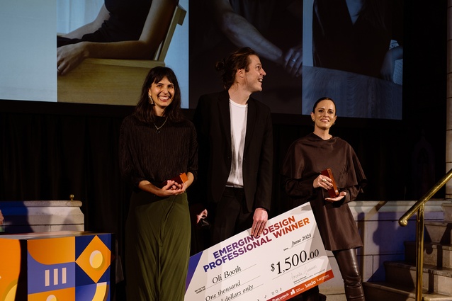 This year’s Emerging Design 
Professional finalists on stage with their awards: Ella Lilley-Gasteiger (Monk Mackenzie), 2023 award winner Oli Booth (Oli Booth Architecture) and Emma Hoyle (Emma Hoyle Interiors).