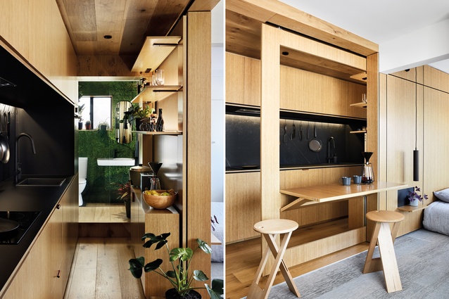Jack Chen says of Type St Apartment that "dining is not a key space [for me] so I created a dining set-up that slides into the kitchen and disappears."