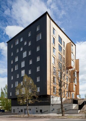 Puukuokka apartment complex, Finland, is  composed of prefabricated cubical modules made of cross laminated timber (CLT).
