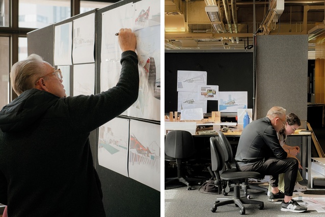 Left: Pinning up allows the review to run through conversation to editing. Right: In-house creative discussions – studio happens in the studio.