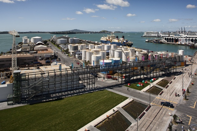 To the north of Silo Park the gantry is 100 metres long and nine metres high, designed  as part folly / part lookout, arbour and event framework.