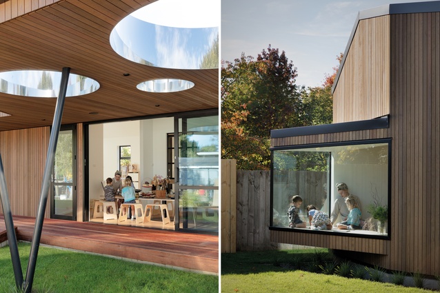 The deck features circular cut-outs that create a simple but effective point of difference outdoors; a window seat offers 
a cantilevered space in which children and teachers can soak in the garden and the sun.