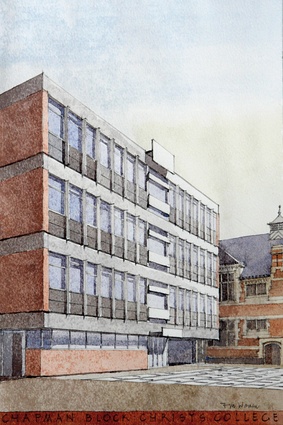 A watercolour by Sir Miles Warren of the Christ’s College Chapman 
Block, 1961.
