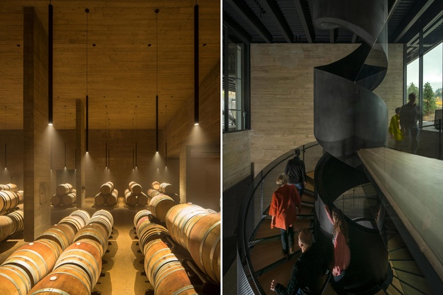 Martin's Lane winery in Canada by Olson Kundig Architects. A black spiral staircase mimics the stainless steel filtering equipment used in winemaking. 