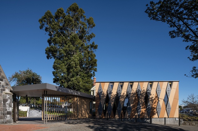 Te Whare Hononga has a strong presence at the front of the site.