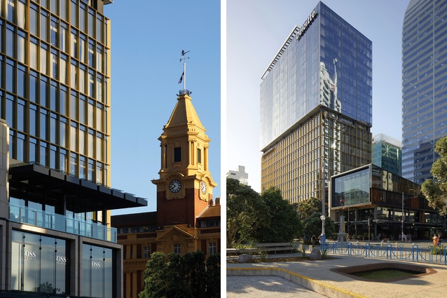 Left: The hotel level is nicely articulated with golden mullions above Commercial Bay’s eateries. Right: The lower-level InterContinental Hotel, embellished with golden mullions, is integrated into the Commercial Bay development, with Deloitte Centre office floors above.