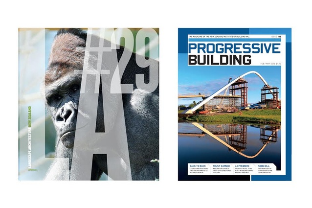 Covers of <em>Landscape Architecture New Zealand</em> and <em>Progressive Building</em> magazines.