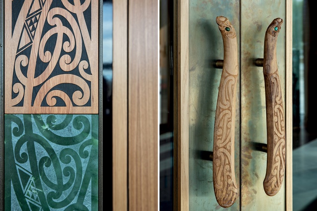 Fayne Robinson's carved tahutahi pounamu and rimu on the Māori Land Court entrance; hand-carved door pulls for the Māori Land Court by Robinson.