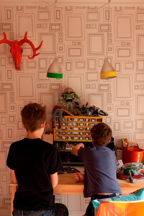 Riley and Theodore, who asked for black and- white wallpaper as an homage to his favourite designer, Jonathan Adler.