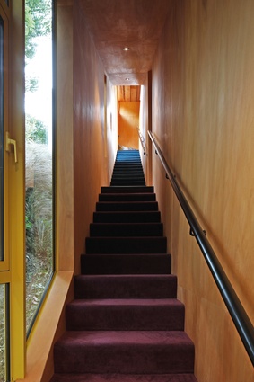 A narrow stair, with coloured carpet, links state house and addition.