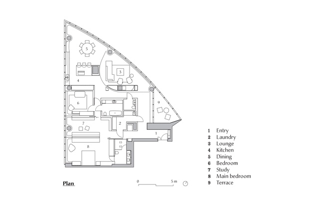Plan of Freshwater Apartment designed by John Wardle Architects.