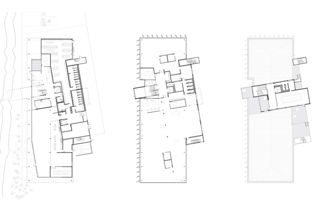Ground-floor plan (left), first-floor plan (middle) and second-floor plan (right).