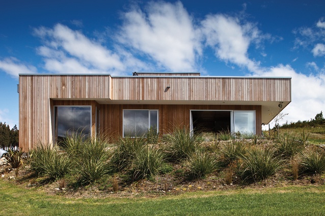 The cedar-clad house bunkers down in tussock planting.