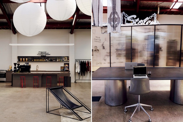 A palette of industrial materials, such as steel and concrete, reflects the warehouse’s utilitarian past while complementing the edgy, fashion-focused nature of the business. 
