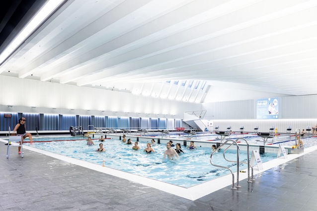 The mound forms a skylight, offering diffuse natural light to the pool, and accentuates the 3m diving board.