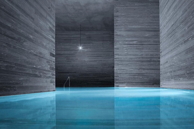 The swimming pool walls are clad with vals quartzite.
