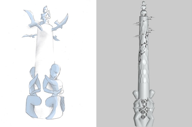 Hand drawings were completed by master carver Ted Ngataki and his apprentice, Maaka Potini, from Ngāti Tamaoho (left). Digital renders were then completed by Euan Craig (right).