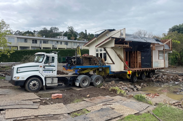 A section of a house is ready for relocation.