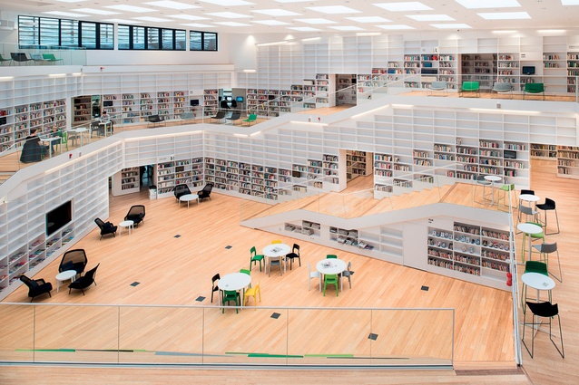 Dalarna Media Library in Falun, Sweden, by ADEPT, is a 3,000m² university building that reinterprets the library in a multi-functional design. 