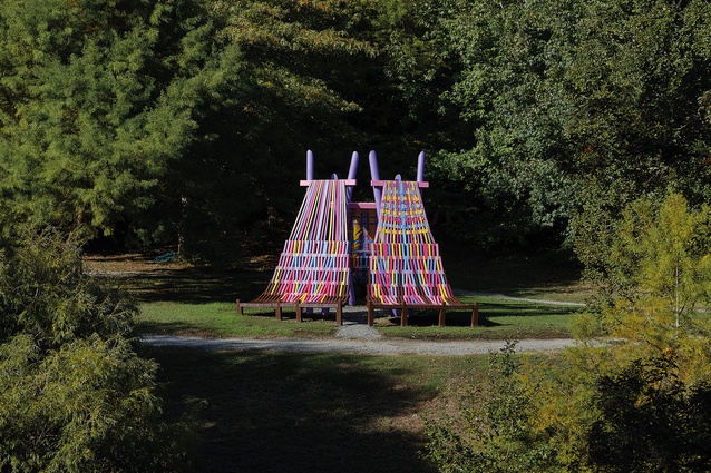 The winning 2024 Brick Bay Folly, <em>Femme-ly Velues</em>, acknowledges the heritage of textile craft among women by referencing the stages of weaving across its three distinct elevations.