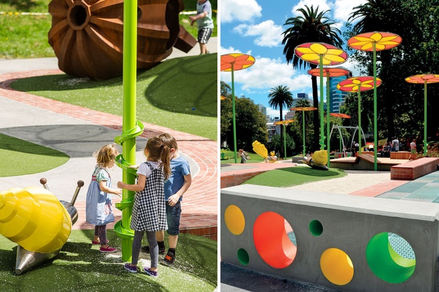 Typical playground apparatus is included, but the bespoke sculptural features - including thirteen giant flowers, are the key element of Isthmus' design. 