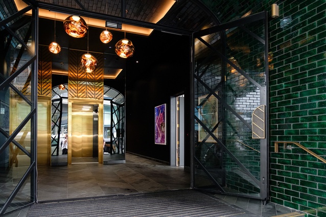 The lobby as seen from Pollen Street. The lights are from local supplier Monmouth Glass.