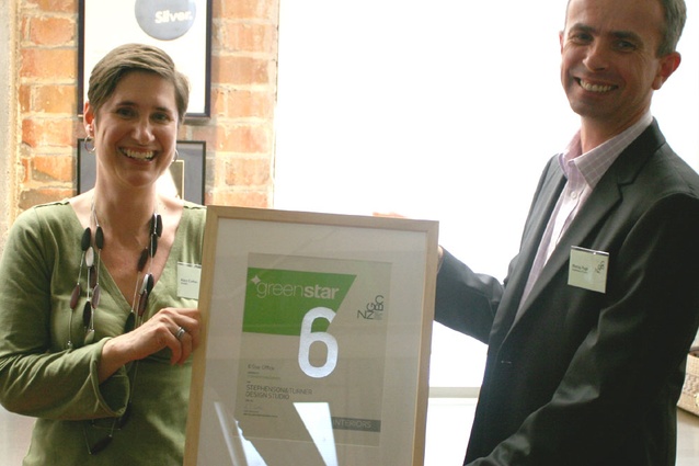 At a function in Wellington, Alex Cutler, chief executive of the Green Building Council, presents Stephenson & Turner Chief Executive Murray Pugh with a special award for a refurbished 6 Green Star Office Interiors.