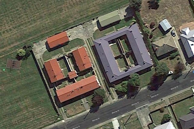 Aerial view of Mosgiel Street, a courtyard housing project in Dunedin, built in the 1950s.