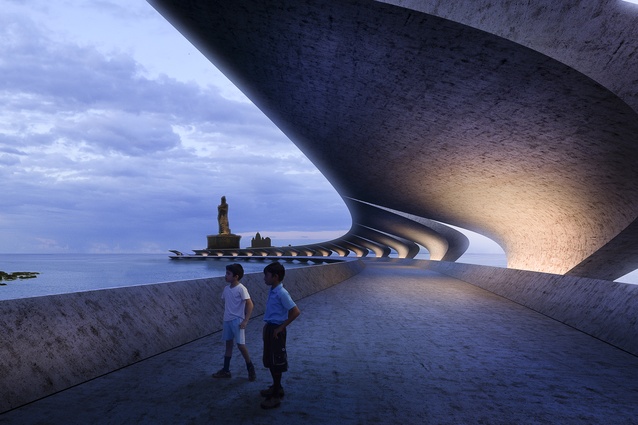 The sweeping 500-metre-long Thiruvalluvar pedestrian bridge, southern India, will connect the mainland to the Thiruvalluvar Statue and Vivekananda Temple. Designed in collaboration with Novare.