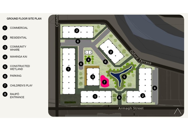 Ground floor site plan, including commercial, residential, community whare, mahinga kai, constructed wetland, parking and children’s play.