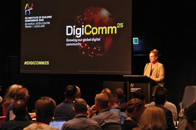 Clara Sumner, National Sales Manager at Winstone Wallboards (GIB), addresses the audience at DigiComm25.