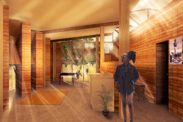 Interior rendering of the rammed earth house design.