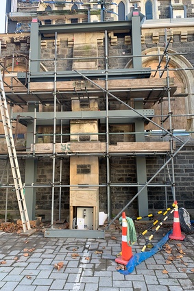 Steel frame work installed to the south aisle buttresses.