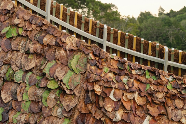 The pukanui, akapuka and
magnolia leaves have been hand-stitched to a woven coir backing.